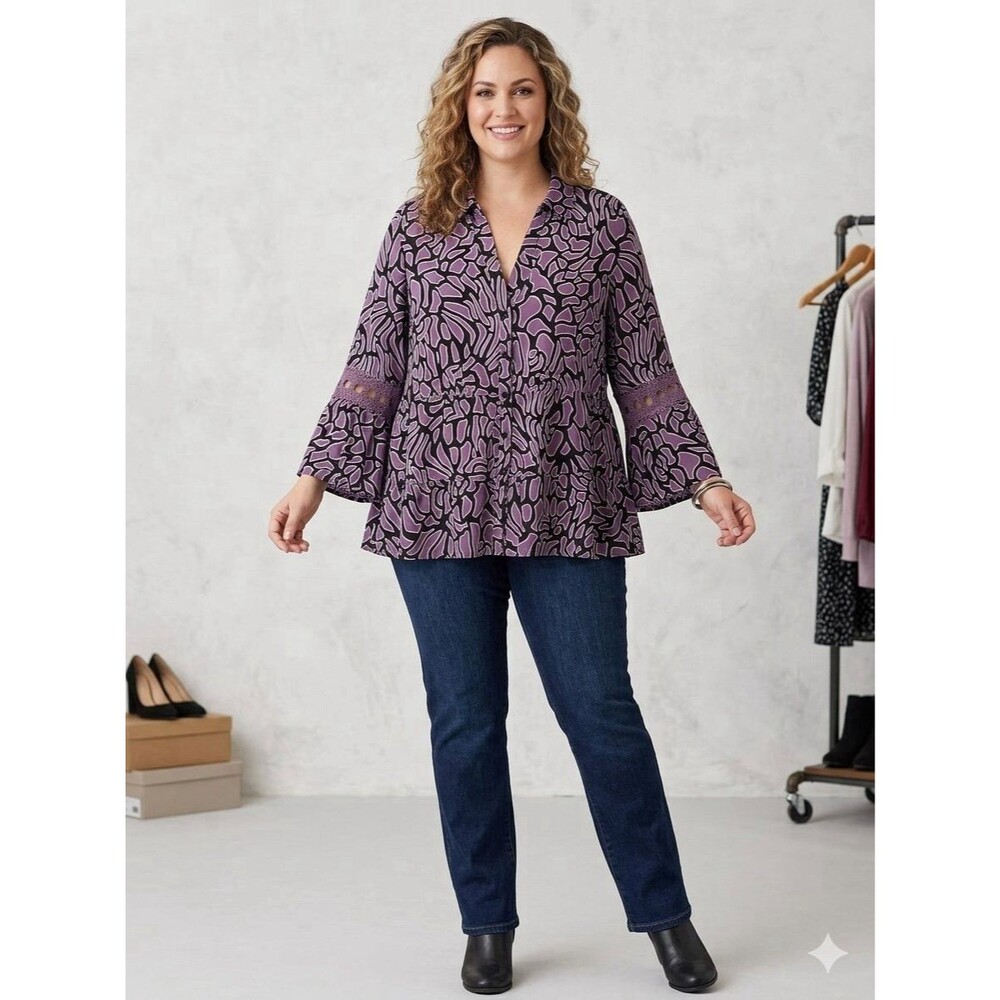 NWOT Cato Blouse CUTE Baby Doll Tiered Purple Crochet Sleeve 22 24